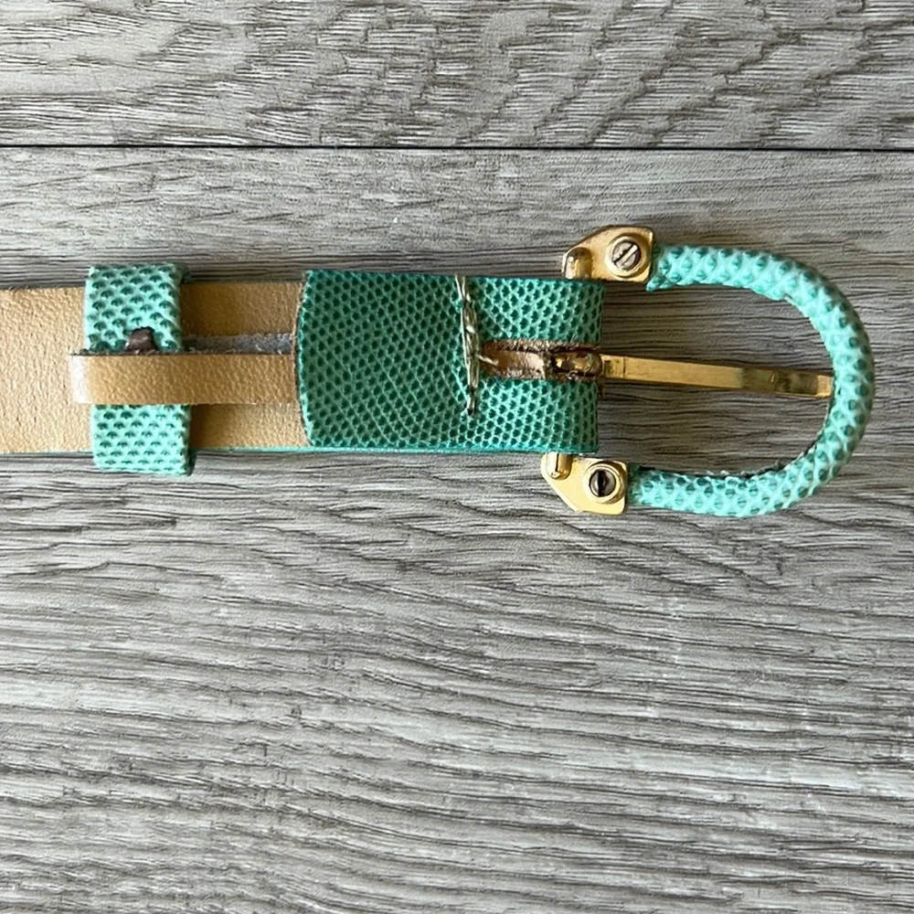 VTG 80s Genuine Reptile Skin Belt Emerald Aqua Green Brass Buckle Canada Size M